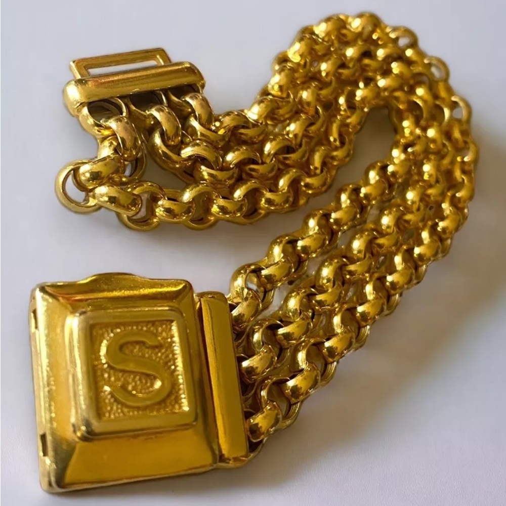 Spectacular CUSTOM Vintage 14K SOLID Gold LOCKET Initial S Triple Rolo Bracelet - Picture 3 of 16